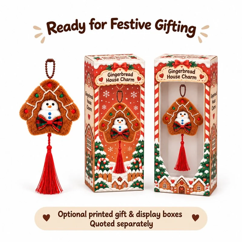 Gingerbread House Snowman Plush Ornament — optional packaging concept; final artwork, fit and quotation require confirmation.