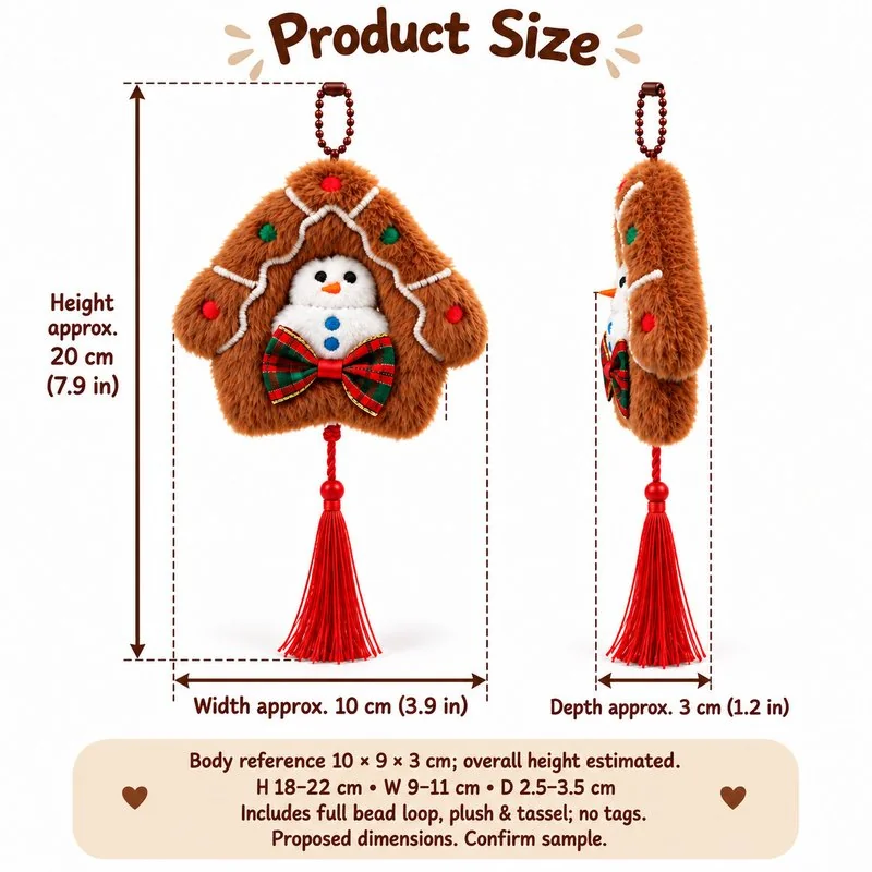 Gingerbread House Snowman Plush Ornament — proposed size reference; dimensions require sample confirmation.
