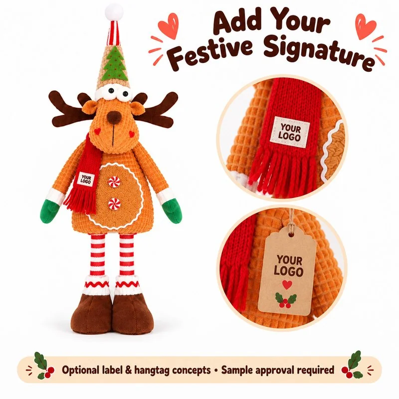 Private-label concept for gingerbread reindeer decoration, showing proposed brand label and hangtag options; sample approval required.
