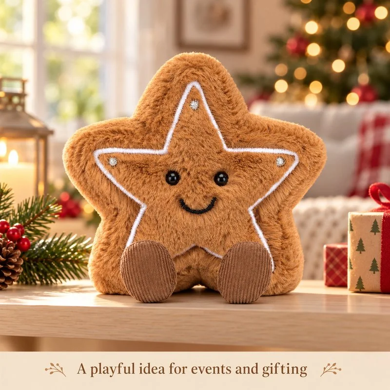 Illustrative application scene featuring gingerbread star plush; setting is a concept.