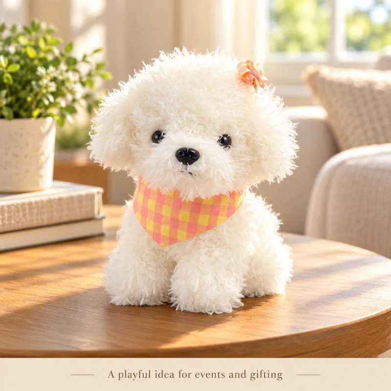 Illustrative application scene featuring gingham bandana white poodle plush; setting is a concept.