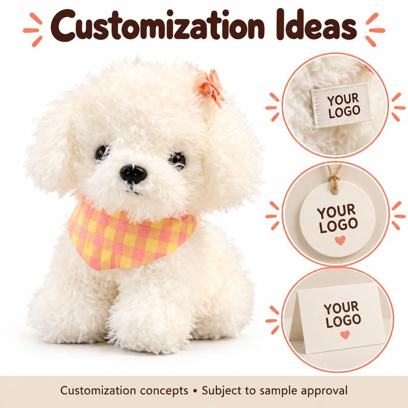 Customization concept for gingham bandana white poodle plush; feasibility and sample approval required.
