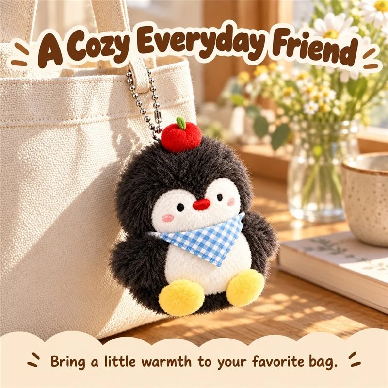 Illustrative application scene featuring gingham scarf penguin plush keychain; setting is a concept.