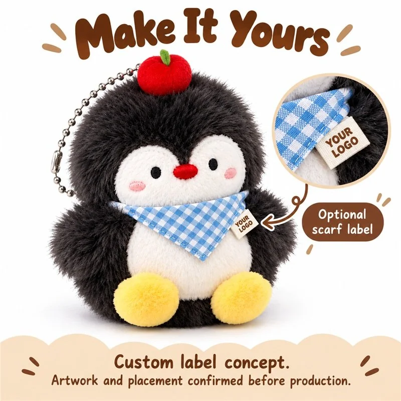 Customization concept for gingham scarf penguin plush keychain; feasibility and sample approval required.