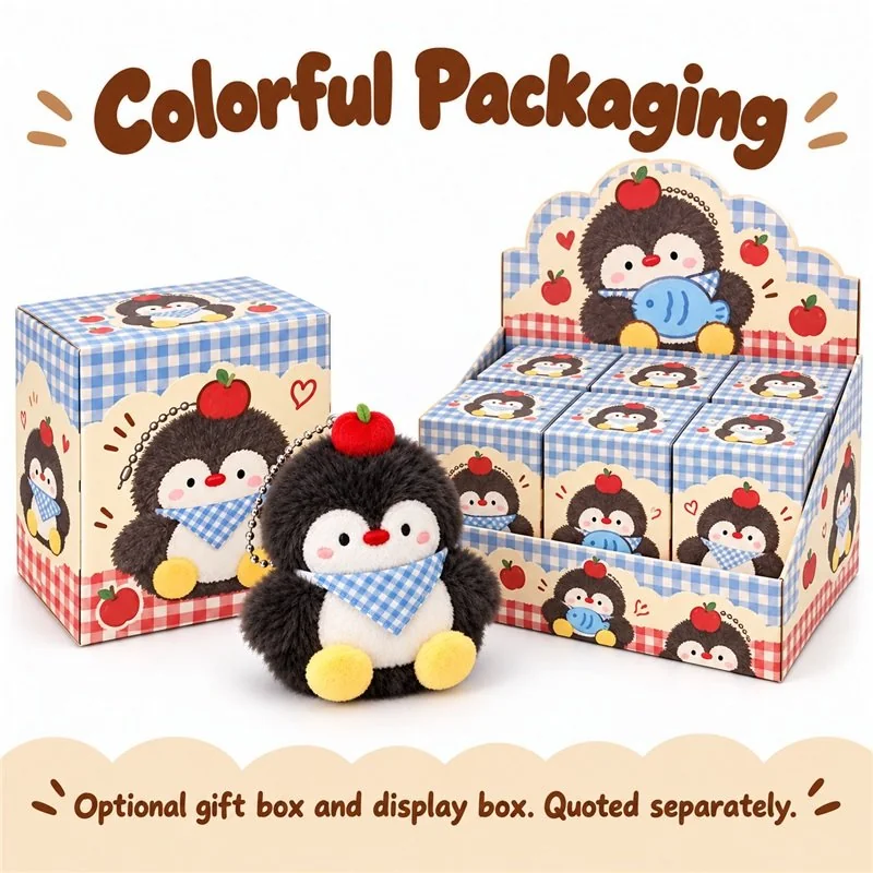 Gingham Scarf Penguin Plush Keychain — optional packaging concept; final artwork, fit and quotation require confirmation.