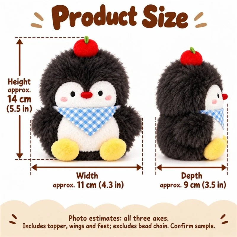 Gingham Scarf Penguin Plush Keychain — proposed size reference; dimensions require sample confirmation.