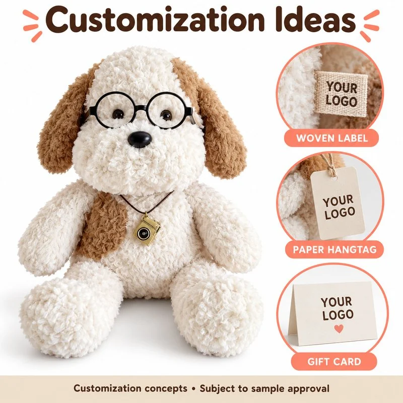 Customization concept for glasses camera dog plush; feasibility and sample approval required.