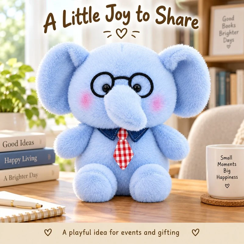 Illustrative application scene featuring glasses necktie blue elephant plush; setting is a concept.