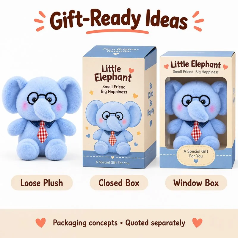 Glasses Necktie Blue Elephant Plush — optional packaging concept; final artwork, fit and quotation require confirmation.