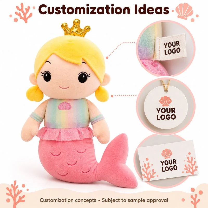 Customer-logo placement concept for gold crown pink tail mermaid plush; proposed label or hangtag options require sample approval.