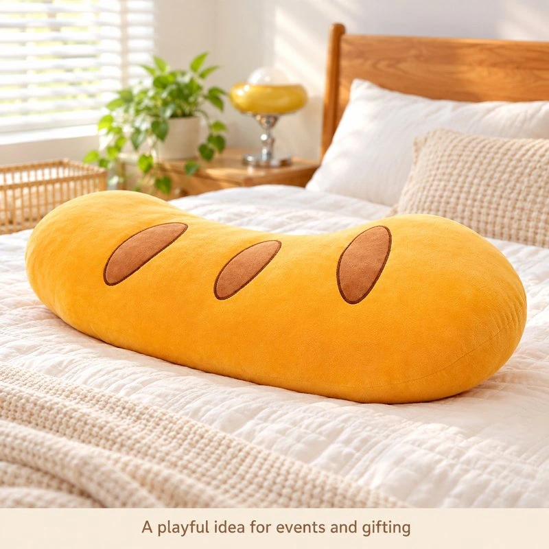 Illustrative application scene featuring golden bread loaf plush pillow; setting is a concept.