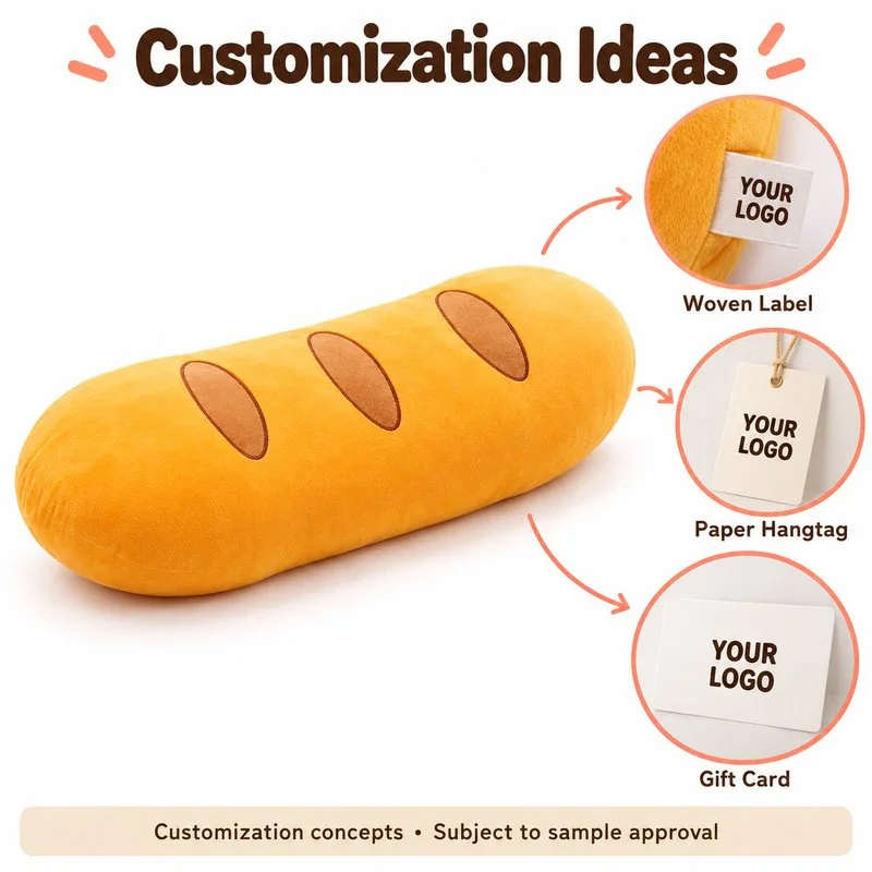 Customization concept for golden bread loaf plush pillow; feasibility and sample approval required.