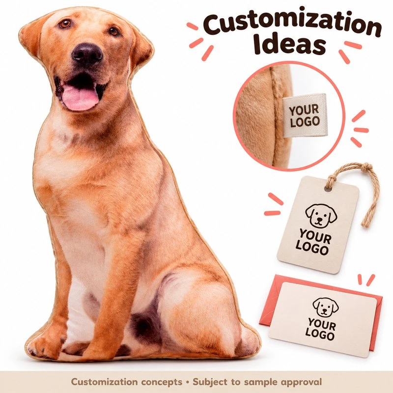 Golden Brown Dog Printed Plush Pillow — optional branding and customization concept; feasibility requires confirmation.