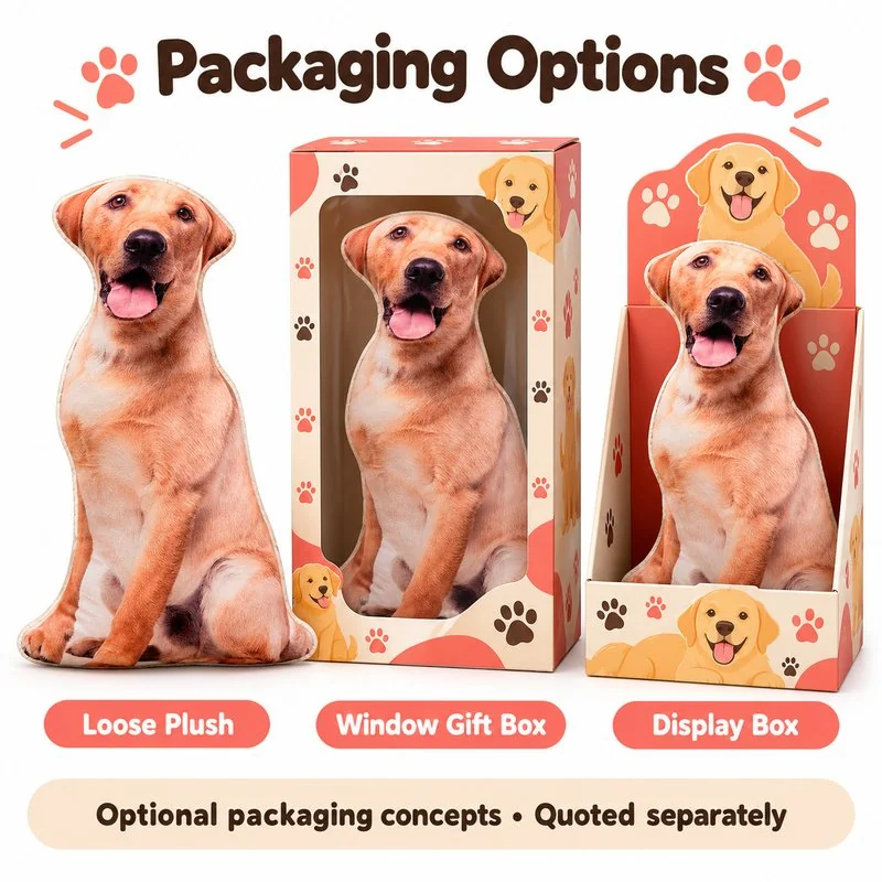 Golden Brown Dog Printed Plush Pillow — optional packaging concept; final artwork, fit and quotation require confirmation.
