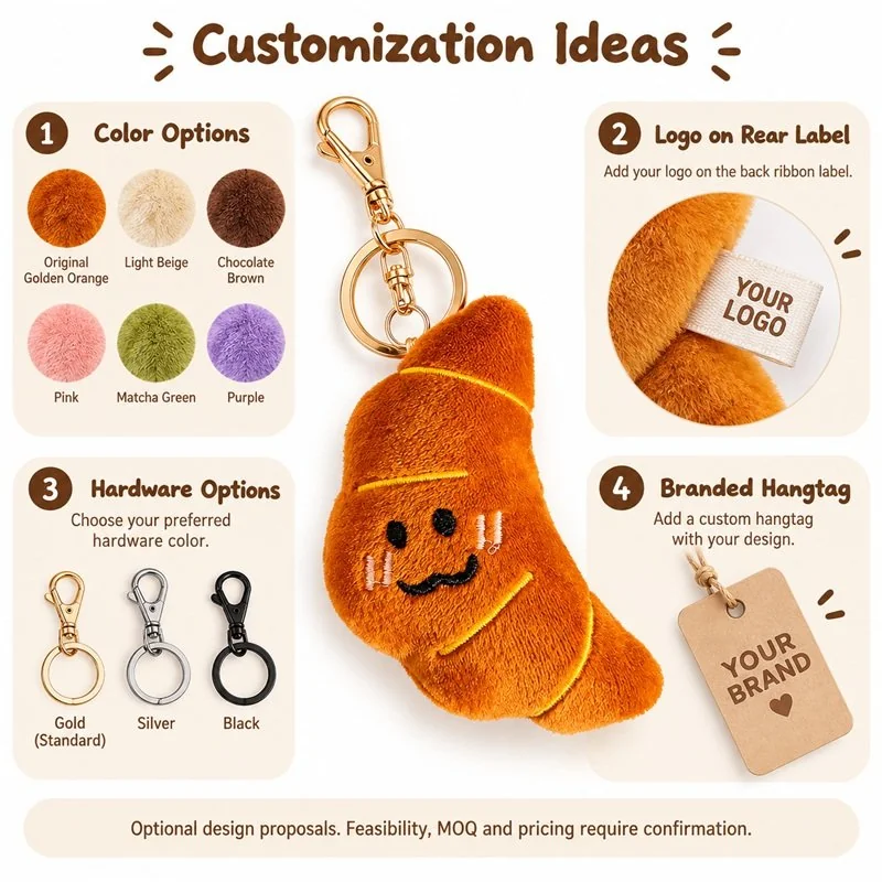 Customization concept for golden croissant plush keychain; feasibility and sample approval required.