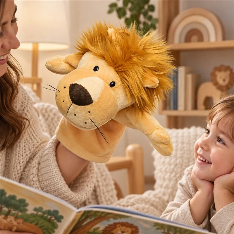Illustrative application scene featuring golden mane lion hand puppet; setting is a concept.
