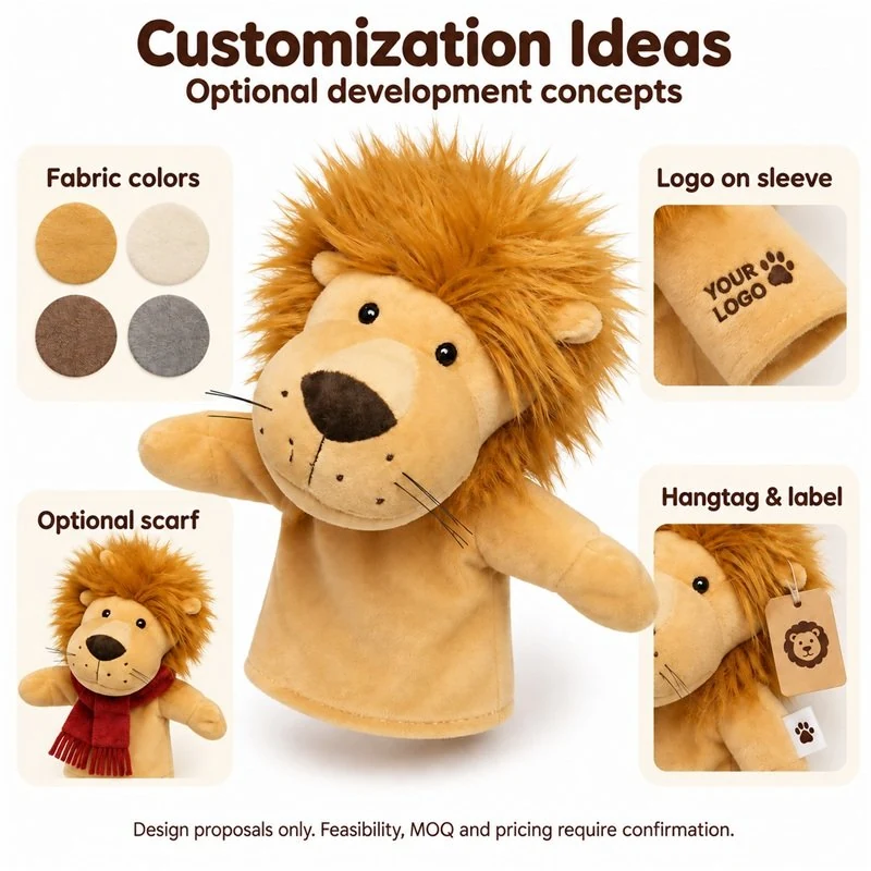 Customer-logo concept for golden mane lion hand puppet, showing proposed sleeve logo, hangtag and label options; feasibility and sample approval required.