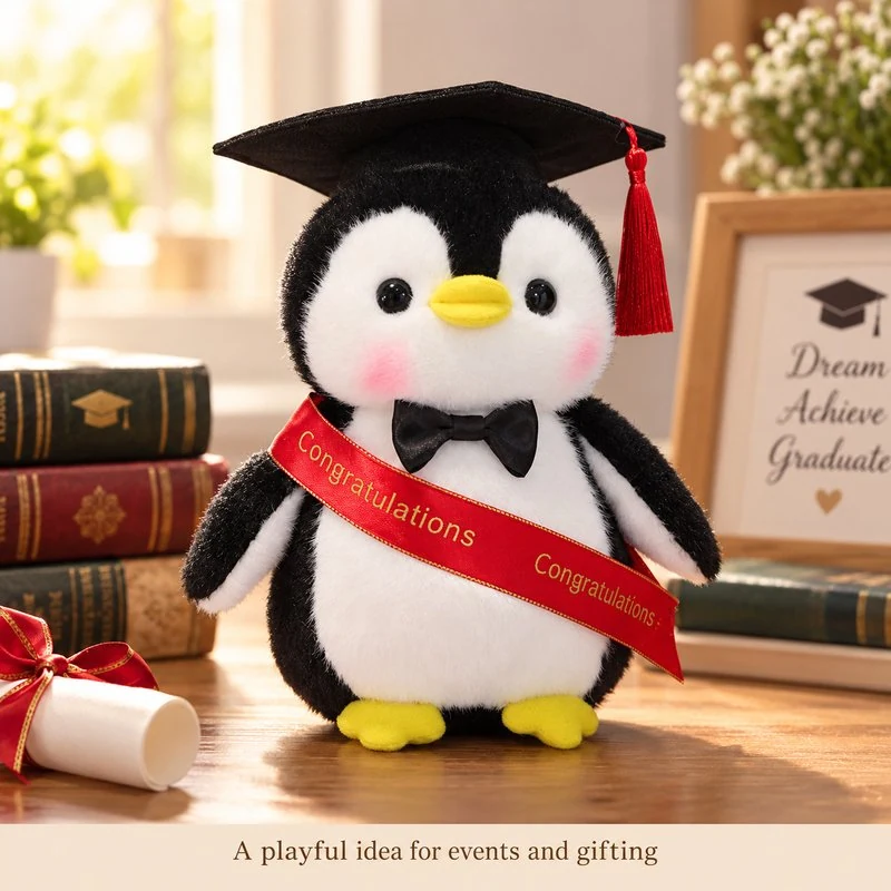 Illustrative application scene featuring graduation cap penguin plush; setting is a concept.