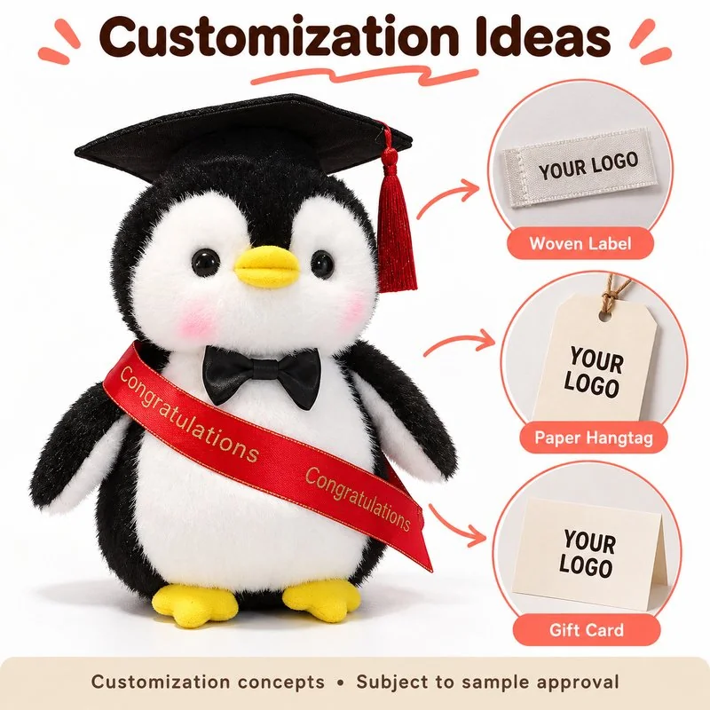 Customization concept for graduation cap penguin plush; feasibility and sample approval required.