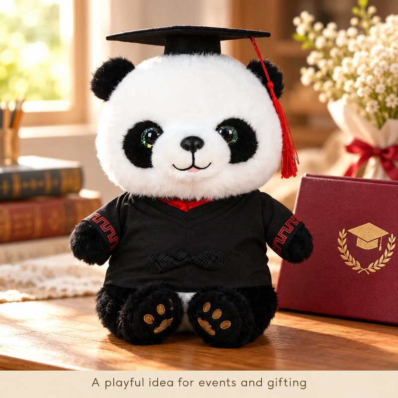 Illustrative application scene featuring graduation gown panda soft toy; setting is a concept.