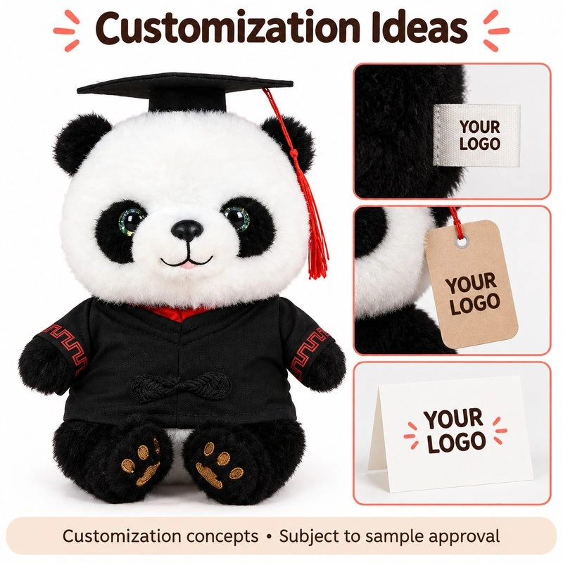Customization concept for graduation gown panda soft toy; feasibility and sample approval required.