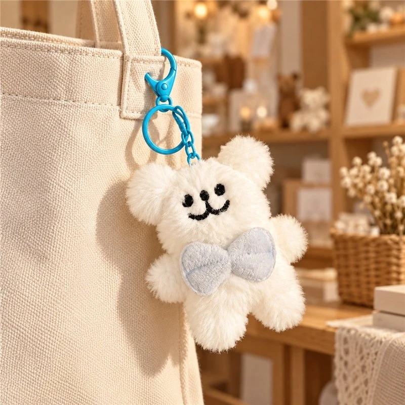 Illustrative application scene featuring gray bow white bear plush keychain; setting is a concept.