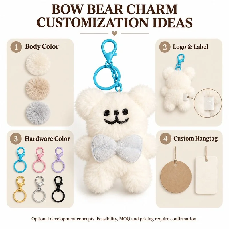 Customization concept for gray bow white bear plush keychain; feasibility and sample approval required.