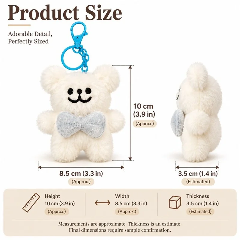 Gray Bow White Bear Plush Keychain — proposed size reference; dimensions require sample confirmation.