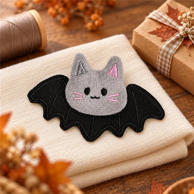 Illustrative application scene featuring gray cat bat textile applique; setting is a concept.