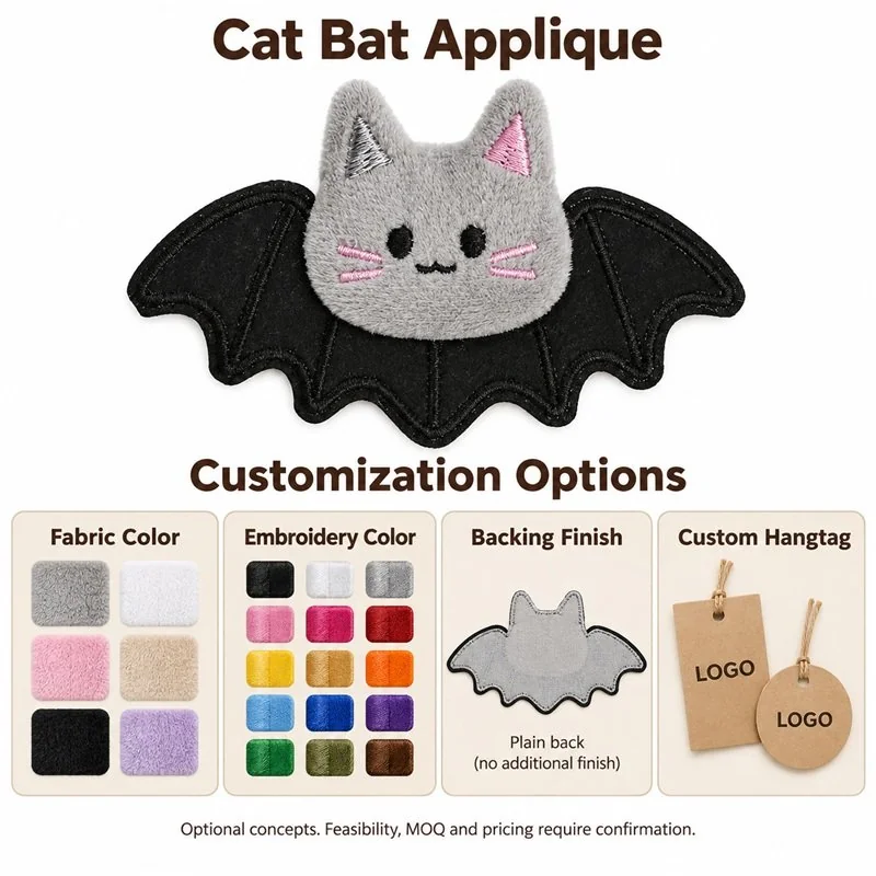 Customization concept for gray cat bat textile applique, showing proposed color and custom-hangtag options; feasibility and sample approval required.