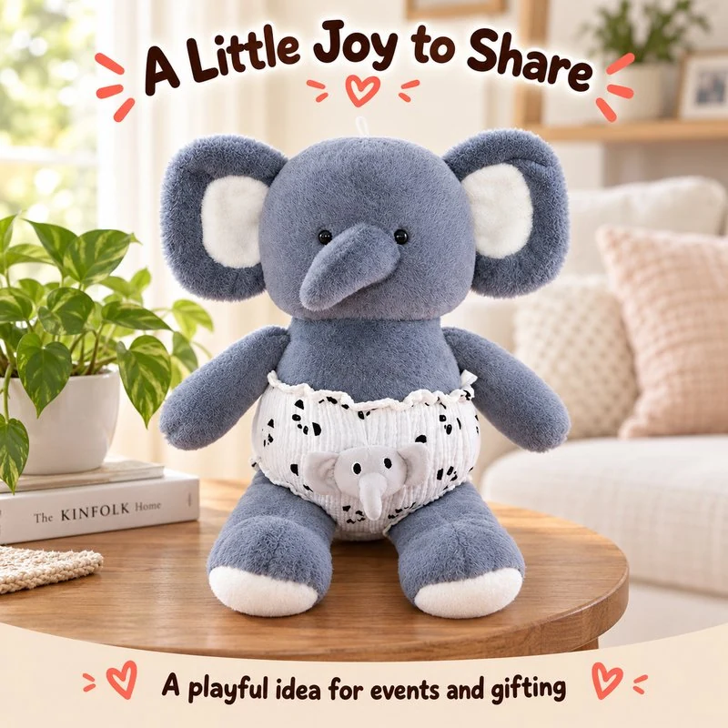 Illustrative application scene featuring gray diaper elephant plush; setting is a concept.