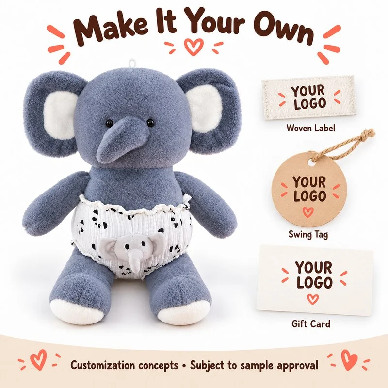 Customization concept for gray diaper elephant plush; feasibility and sample approval required.
