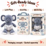 Gray Diaper Elephant Plush — optional packaging concept; final artwork, fit and quotation require confirmation.