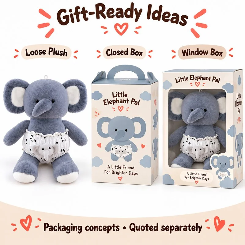 Gray Diaper Elephant Plush — optional packaging concept; final artwork, fit and quotation require confirmation.