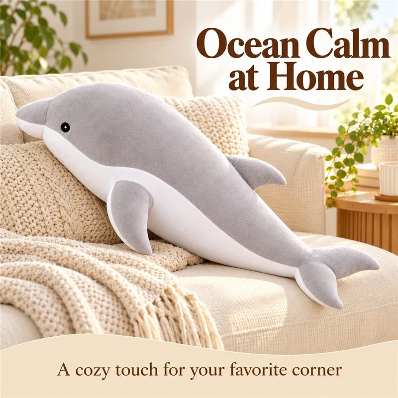 Illustrative application scene featuring gray dolphin plush pillow; setting is a concept.