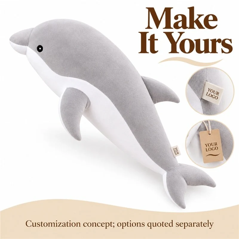 Customization concept for gray dolphin plush pillow; feasibility and sample approval required.