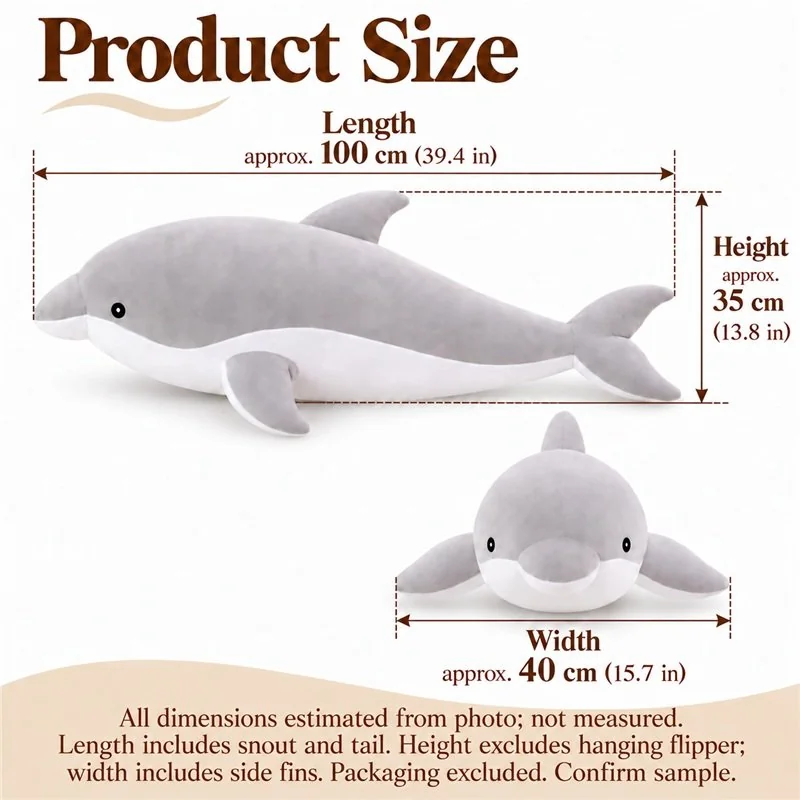 Gray Dolphin Plush Pillow — proposed size reference; dimensions require sample confirmation.