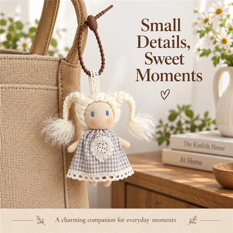 Illustrative application scene featuring gray gingham dress doll keychain; setting is a concept.