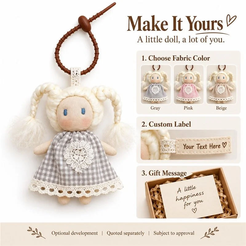 Customization concept for gray gingham dress doll keychain; feasibility and sample approval required.