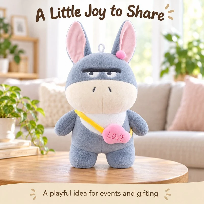 Illustrative application scene featuring gray heart bag donkey plush; setting is a concept.