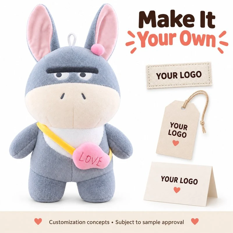 Customization concept for gray heart bag donkey plush; feasibility and sample approval required.