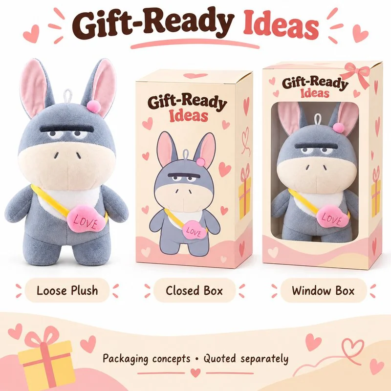Gray Heart Bag Donkey Plush — optional packaging concept; final artwork, fit and quotation require confirmation.
