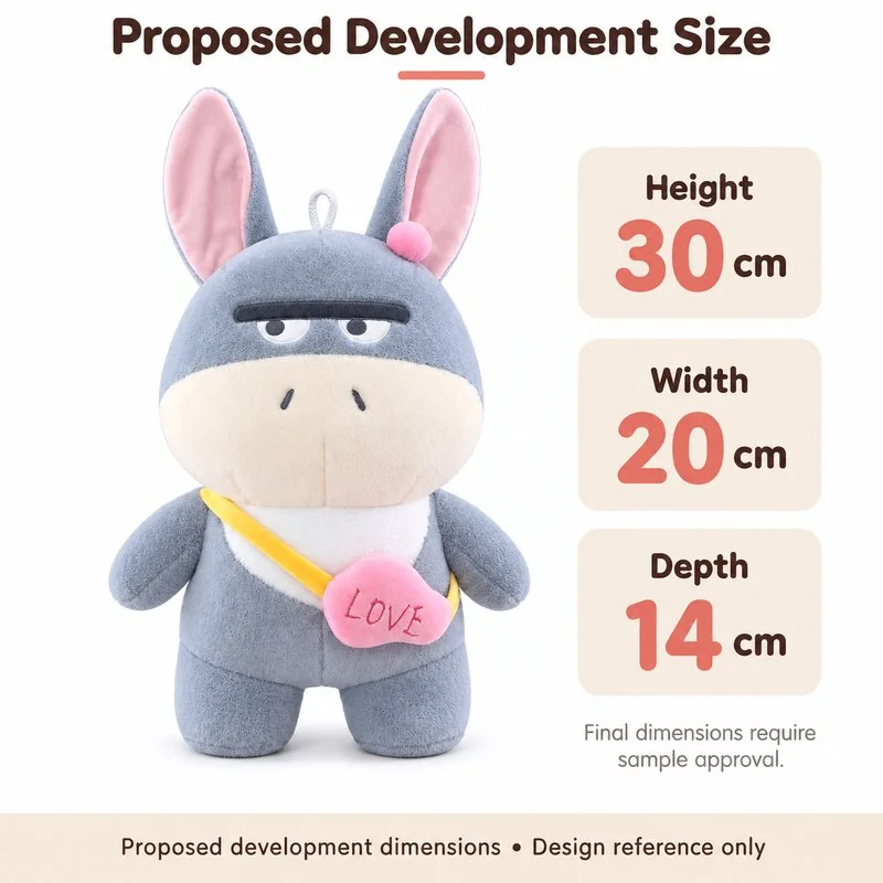 Gray Heart Bag Donkey Plush — proposed size reference; dimensions require sample confirmation.
