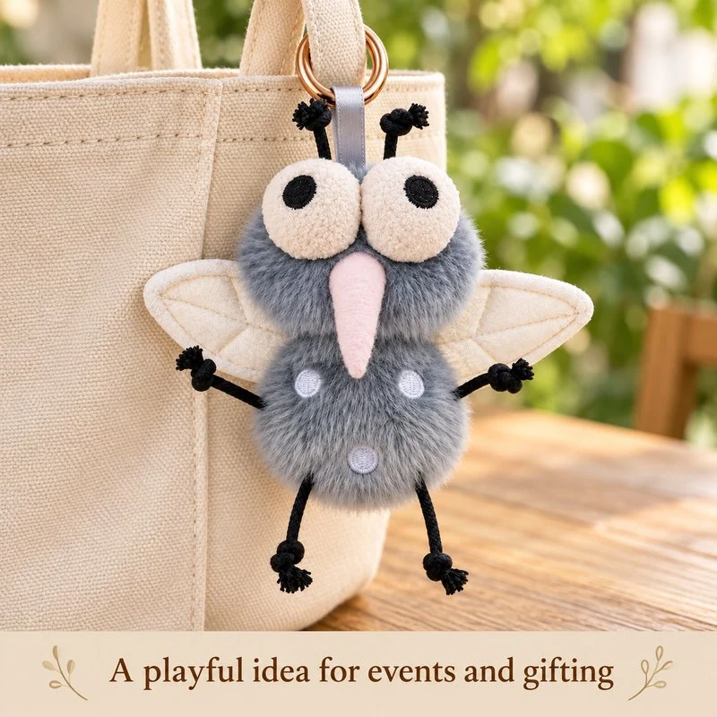 Illustrative application scene featuring gray mosquito plush keychain; setting is a concept.