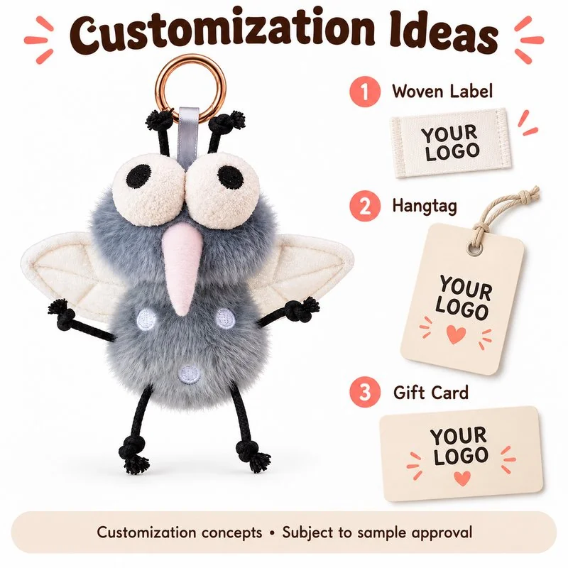 Customization concept for gray mosquito plush keychain; feasibility and sample approval required.