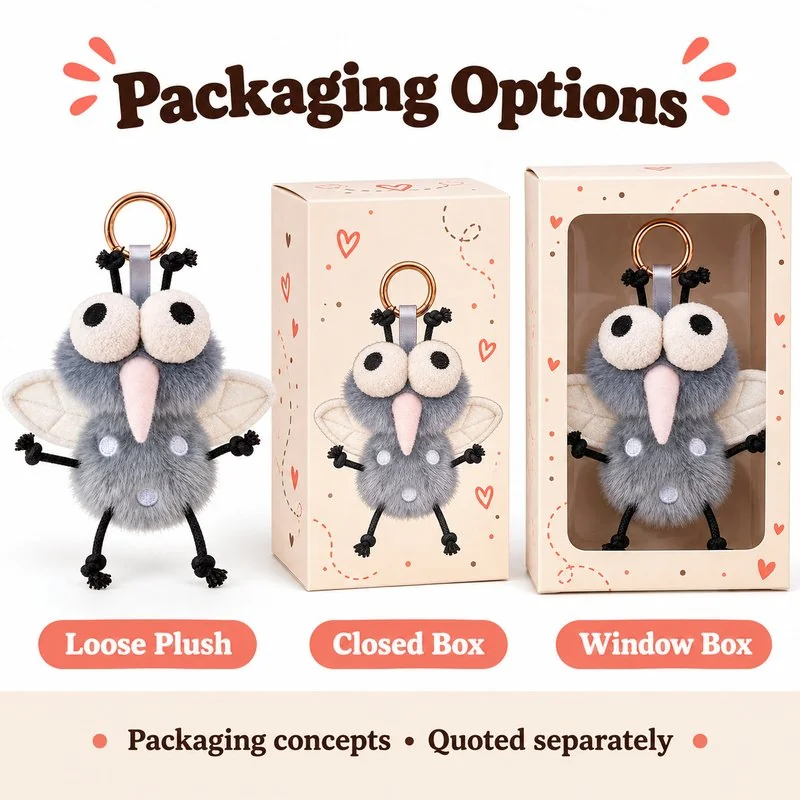 Gray Mosquito Plush Keychain — optional packaging concept; final artwork, fit and quotation require confirmation.