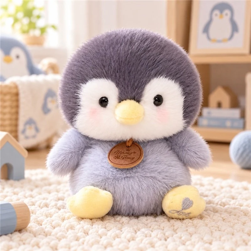 Illustrative application scene featuring fluffy gray penguin plush; setting is a concept.