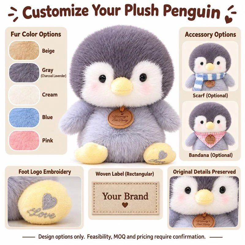 Customization concept for fluffy gray penguin plush; feasibility and sample approval required.