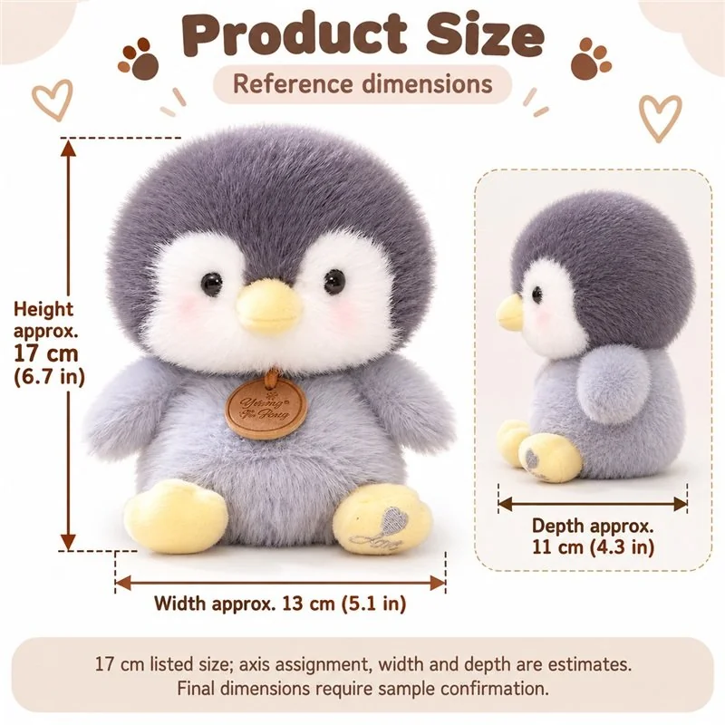 Fluffy Gray Penguin Plush — proposed size reference; dimensions require sample confirmation.
