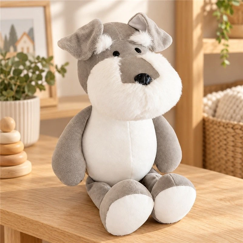 Illustrative application scene featuring gray schnauzer dog plush; setting is a concept.